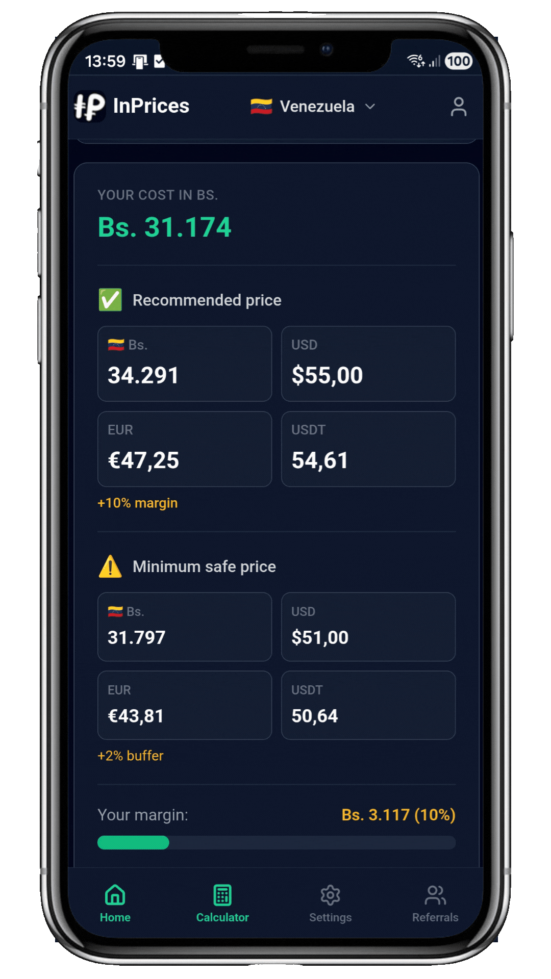 InPrices dashboard screens